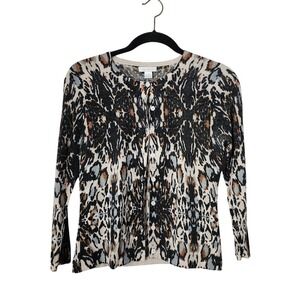 GARNET HILL Merino Wool Leopard Print Cardigan Sweater Small